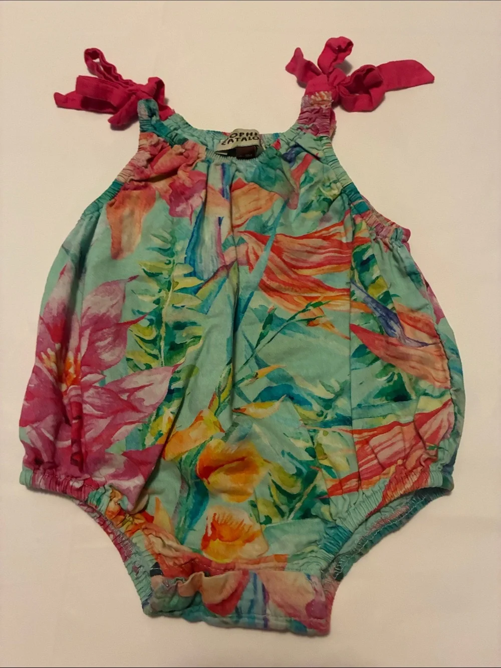 Floral Tie-Shoulder Baby One-Piece in Aqua and Pink